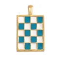 Rectangular gold-plated pendant with blue and white enamel checkerboard pattern - ABG0615-Turquoise Checkerboard (Rectangle)