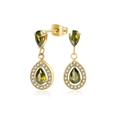 Olive green teardrop earrings with halo zircon accents and gold plated stainless steel finish - One Pair / Gold-Tone Olive Green Zirconia