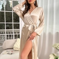 Elegant champagne silk satin long-sleeved robe with waist tie and glossy finish - S / Khaki