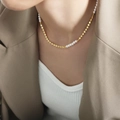 Elegant gold metal disc and white freshwater pearl asymmetric beaded choker necklace - Gold High Gloss Shell Bead Style (P1258)