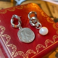 Macro detail of asymmetric silver earrings with pearl and Helvetica 1918 coin charms - Drop Earrings-Silver