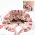 Pink knit baby hat with ruffle lace trim and ear flaps for warmth and comfort - Pink - Lined