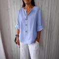 Chemise femme bleu clair en lin avec col en V, manches retroussées et boutons décoratifs - Boucle À 3 Boutons Bleu Clair N° 8055 / 3XL
