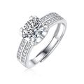 Silver moissanite ring with round center stone and double-row pavé side diamonds - Adjustable Open / Luxury Four-Prong Pave Style (R11553-6.5mm/1 Carat)