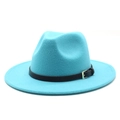 Close-up of bright turquoise wool fedora hat featuring a black leather belt with silver buckle - Lake Blue