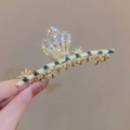 Elegant gold crown hair claw clip with green bamboo texture and sparkling rhinestones - Bamboo Crown Green