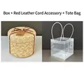 Round straw gift box set with red ribbon, pearl charm, and clear PVC carrier bag - Red Leather Rope Accessories + Handbag