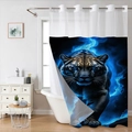 Detailansicht des Waffel-Duschvorhangs mit blauem Flammen-Panther-Druck für Badezimmer - Doppellagig Hakenlos / Blaues Feuer Panther Muster