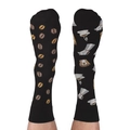 Flat lay of cotton crew socks featuring mismatched coffee bean and espresso machine patterns - One Size / Coffee Lovers