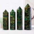 Set of 4 green natural crystal hexagonal pillars with golden veins for desktop decor - Emerald / Single Point 6-7cm