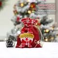 Red linen Christmas drawstring gift bag featuring a fabric snowman and 19x15cm size - Small Linen Gift Bag Snowman