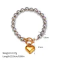 Dual-tone stainless steel bead bracelet with golden heart pendant and toggle clasp - Silver Bead With Gold Heart Pendant Style (JDBW2403010-PS)