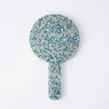 Elegant handheld makeup mirror featuring blue and silver rhinestones on the clay handle - Round / Blue