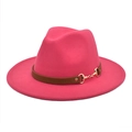 Detail of rose red wool fedora hat featuring a brown leather band and gold horsebit buckle - Rose Red / M (56-58cm)