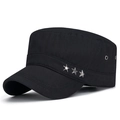 Adjustable black cotton flat top cadet cap with three silver metal stars decoration - Adjustable / Black