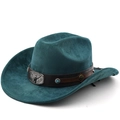 Detail of dark teal suede cowboy hat with turquoise beads and bull head metal ornament - Dark Green