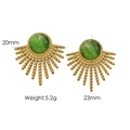 Bohemian gold stainless steel earrings with green cat-eye stone, 20mm by 23mm size - Oval Green Stone