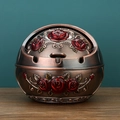Retro bronze metal ashtray with vintage red rose relief carvings and flip lid cover - Red Copper Red Flower Relief