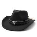 Classic black western cowboy felt hat with ethnic woven band and silver bull skull buckle - Black / M (56-58cm)
