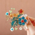 Traditional blue cloisonné hair clip with golden filigree petals and white pearls - F0354 Style 4