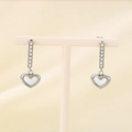 Detailed view of silver heart drop earrings with shell inlay and sparkling rhinestones - Heart Pendant / Silver (KE116843-HR)