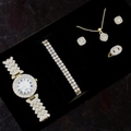 Women's 5-piece gold quartz watch set with crystal bracelets and necklace set - Classic Roman Numerals 5-Piece Set / Gold