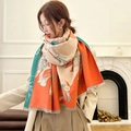 Elegant floral cashmere-feel scarf in beige, orange, and green with stylish fringes - Magnolia Fragrance-Orange Blue
