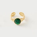 Detailed view of bohemian gold ring with green stone inlay and feather engraving - Adjustable Open / Dark Green