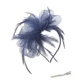 Detail of navy mesh bow fascinator with feathers and silver clip accessories - Navy Blue