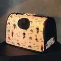 Portable beige canvas pet carrier bag with cartoon bear prints and breathable mesh window - Foldable Beige Bear Medium