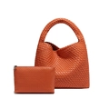 Orange handmade woven faux leather hobo handbag set with matching zipper pouch - Orange