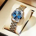 Business quartz watch with two-tone steel strap, blue sunray dial and diamond markers - Two-Tone Gold Blue Dial (Women)