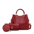 Red crocodile pattern 3-piece handbag set with large tote, wallet and round coin purse - Red