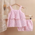 Pink floral cotton summer set for baby girls with ruffle tank top and pumpkin shorts - 80cm / Pink