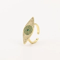 Goldener offener Ring mit Evil Eye Design und weißen sowie grünen Zirkonia-Steinen - Grünes Auge Stil (JZ0296-7)