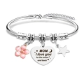 Silver snake chain bracelet with MOM heart pendant and pink cherry blossom detail - Petal Pentagram (MOM I love you to the moon and back)