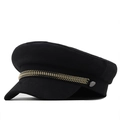 Classic black wool baker boy hat featuring a decorative gold chain and side metal buttons - M(56-58cm) / Black