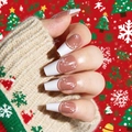 Christmas press-on nails featuring long coffin shape with white snowflake French tip design - Snowflake French Glue Style (Y-446)