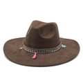 Close-up of brown wide brim fedora with colorful tassels and silver tree of life pendant - M (56-59cm) / Brown