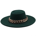 Dark green wool felt fedora with flat top and chunky rose gold chain decoration - M (56-58cm) / Dark Green