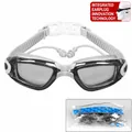 Grau-weiße Antibeschlag-Schwimmbrille mit integrierten Ohrstöpseln und Tragebeutel - Beutelverpackung / Transparentes Grau