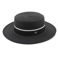Detailed macro view of black boater hat with striped ribbon and gold M metal logo - M (56-58cm) / Black