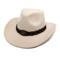 Detail view of ethnic wool cowboy hat with leather band and star metal badge - M (56-58cm) / Beige