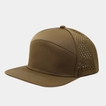 Close-up of laser-cut ventilation holes on a tan flat brim breathable sports cap - Army Green