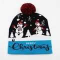 LED Christmas beanie with snowman pattern, red and black pompom, and light-up switch - Hat Style 2 (Blue White Snowman)