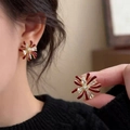 French vintage 18k gold plated petal earrings with deep red enamel and zircon - 70# Wine Red Petal Gold (70# Silver Pin-Gold-Red-Gold Plated)