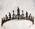 Golden bridal crown with elegant black and grey crystals on a display stand - Type B-Gold Grey Black Crystal