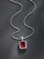 Close-up of elegant silver necklace with red rectangular gemstone and zircon halo - Pendant (Without Chain) / White Plated Ruby Red