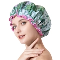 Waterproof double-layer satin shower cap with green leaf print and pink ruffle edge - Broken Leaf