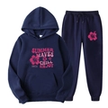 Survêtement bleu foncé en polaire avec imprimé floral rose et sweat à capuche cordon - S (L) / Haut Et Bas / Bleu Foncé (Style 14)
